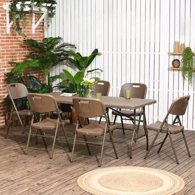 Outsunny Brown Resin Rattan Dining Set with Foldable Rectangular Table and Chairs