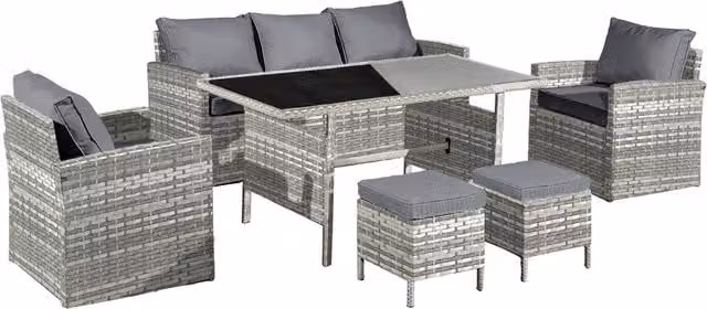 Oseasons Fiji 7 Seat Rattan Lounge Dining Set with Glass Top in Grey and Black