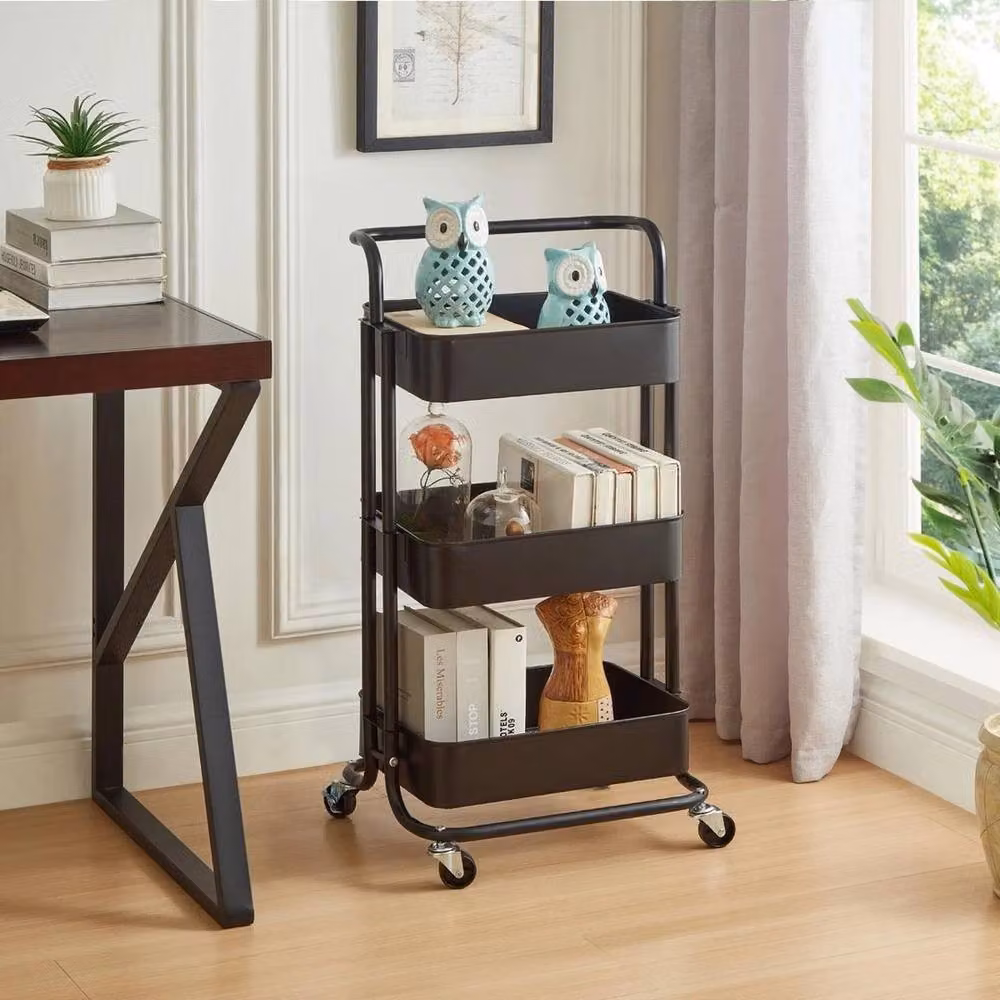 VOGREX 3-Tier Freestanding Metal Storage Cart on Wheels in Matt Black – 7