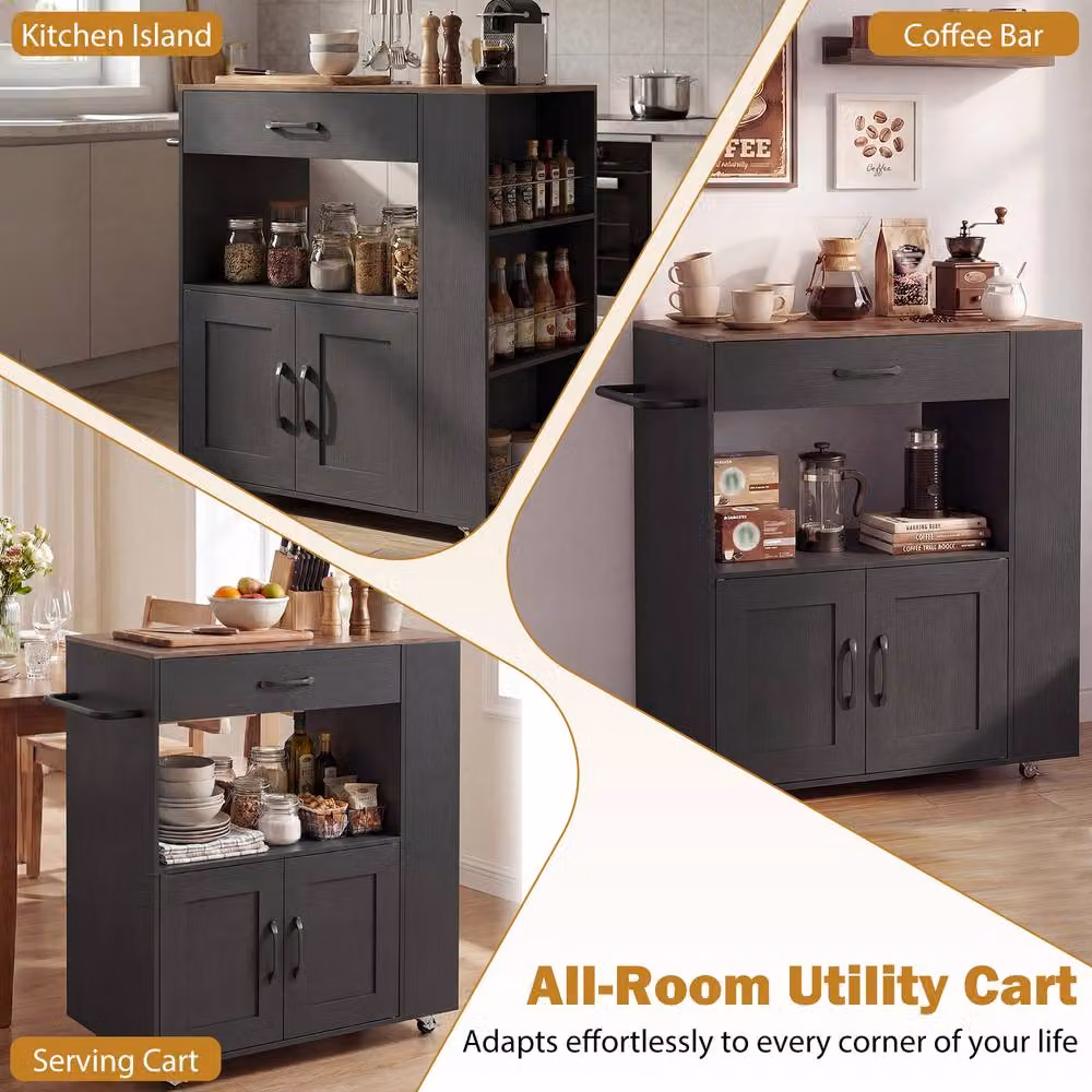 Costway Black Wood Kitchen Island Cart with Storage and Wheels – 7