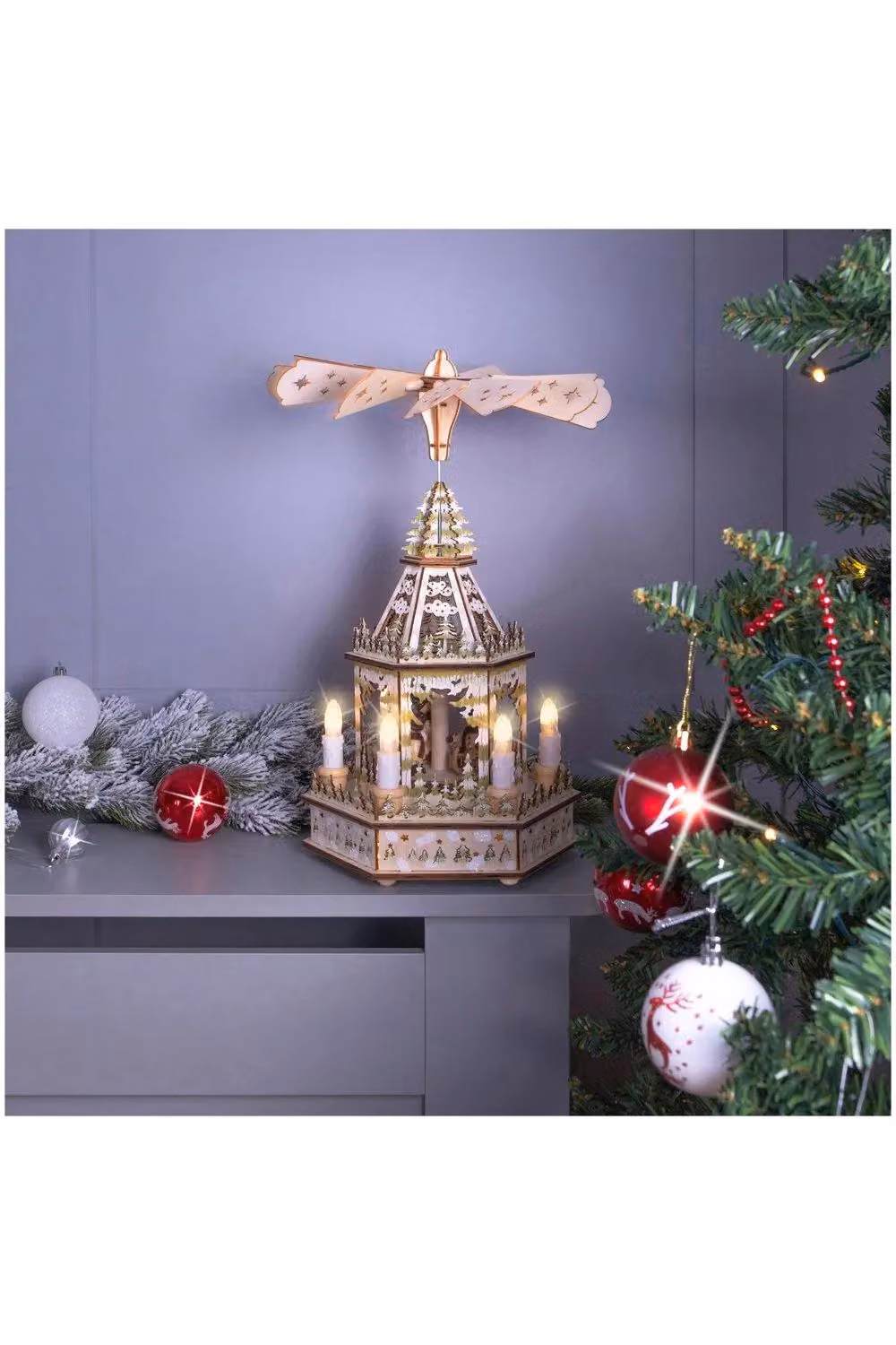 Netagon White Wooden Battery Powered Tabletop Christmas Pyramid with 6 LED Lights – 5