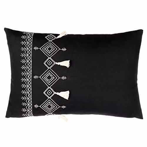 Pritta Black Bohemian Geometric Embroidered Cotton Tassel Trim Polyester Filled Rectangular Cushion W: 60 cm, H: 40 cm, D: 40 cm – 2