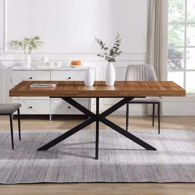 Mona Vale Furniture Industrial X-Frame Extendable Rectangular Dining Table in Walnut and Brown