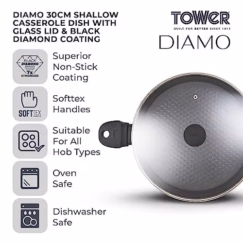 Tower Diamo Aluminium Shallow Casserole Dish with Black Diamond Ceramic Non-Stick Coating and Tempered Glass Lid, Black, Diameter: 30 cm – 2