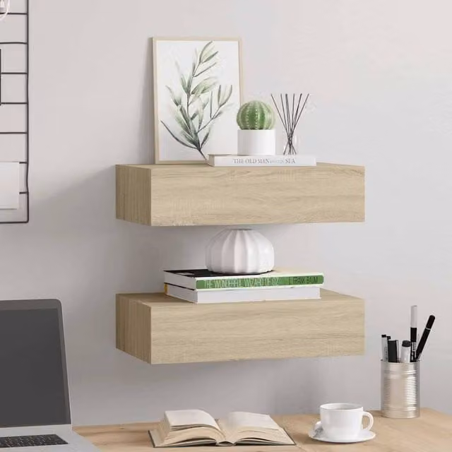 Berkfield Home Elegant Wall-mounted Drawer Shelves, 2 Piece Set in Oak and Beige MDF, W: 40 cm, D: 23.5 cm, H: 10 cm