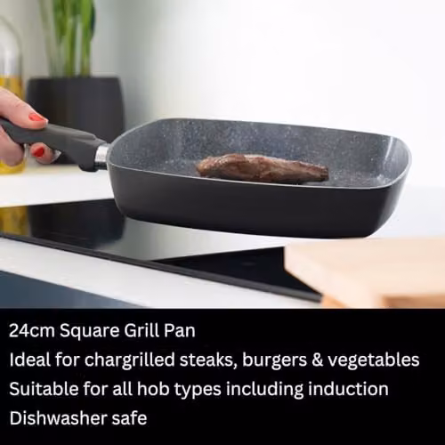 Durastone Grey Ceramic Non-Stick Square Grill Pan, 24 cm – 6