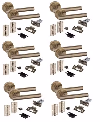 Golden Grace Gold Brass Straight T-Bar Door Handle Set with Latch, Hinges and Rosette, 6 Sets, 45mm – 1