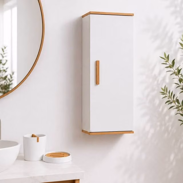 Showerdrape Nola White and Bamboo Wall Mounted Bathroom Cabinet with 2 Piece Accessory Set