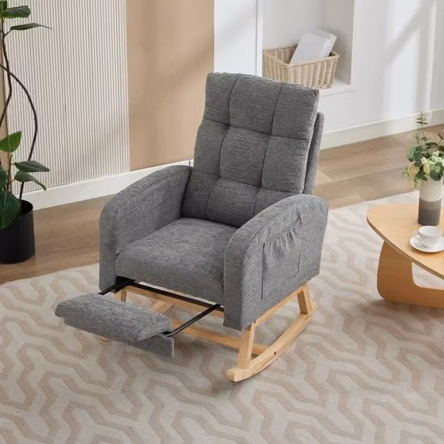 Merax Grey Bouclé Upholstered Rocking Chair with Retractable Footrest and Solid Wood Frame