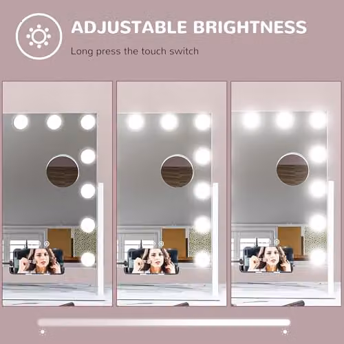 HOMCOM Hollywood LED Tabletop Makeup Mirror in White, W 37 cm x H 46 cm, with Dimmable Touch Control – 4