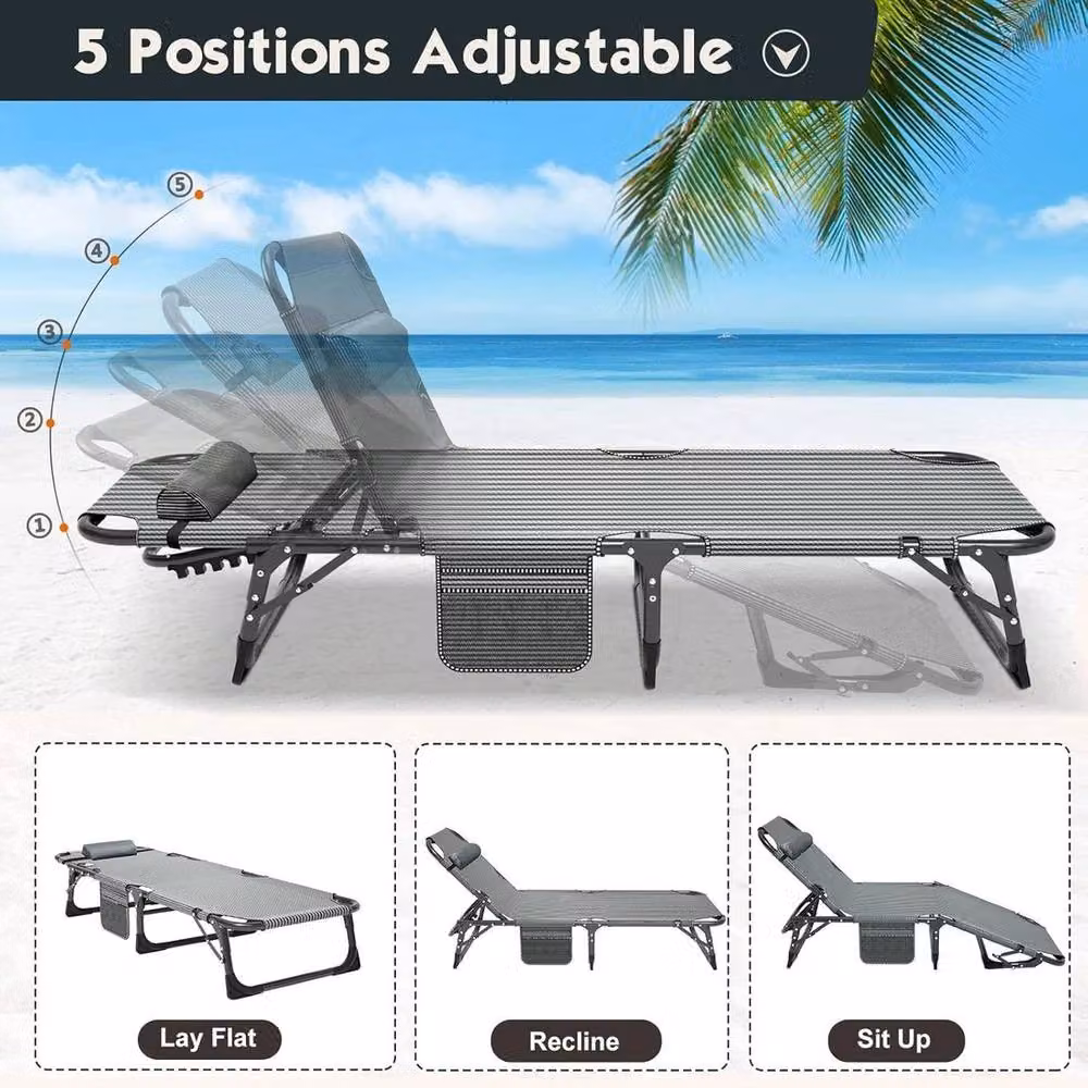 EONLION Grey Padded Foldable Sun Lounger with Adjustable Headrest and Side Compartments – 2