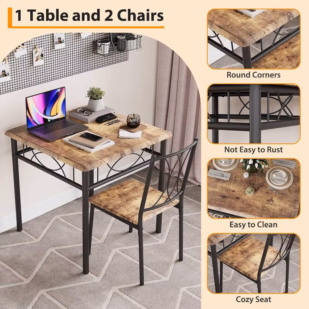 London Boutique 3-Piece Rectangular Dining Table Set with 2 High Back Chairs in Brown – 4