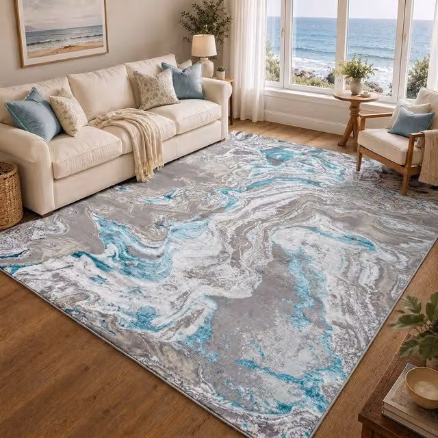 Livabliss Lustro Abstract Modern Marble Rug in Blue, Grey, Beige and Petrol, W: 120 cm, L: 170 cm