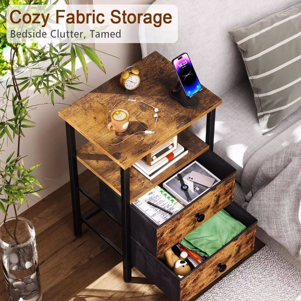 FORGEVIO Brown Bedside Table with 2 Fabric Storage Compartments, W/D/H: 30 x 40 x 60 cm – 4