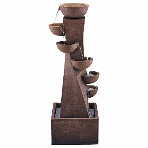 Serenity 6-Tier Cascade Bowl Tower Water Feature in Grey and Brown, Height: 107.5 cm – 1