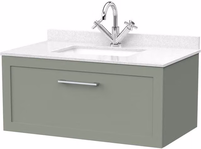 Balterley Stonnall 1 Drawer Vanity Unit with Marble Top and Basin, Reed Green, Width: 80 cm