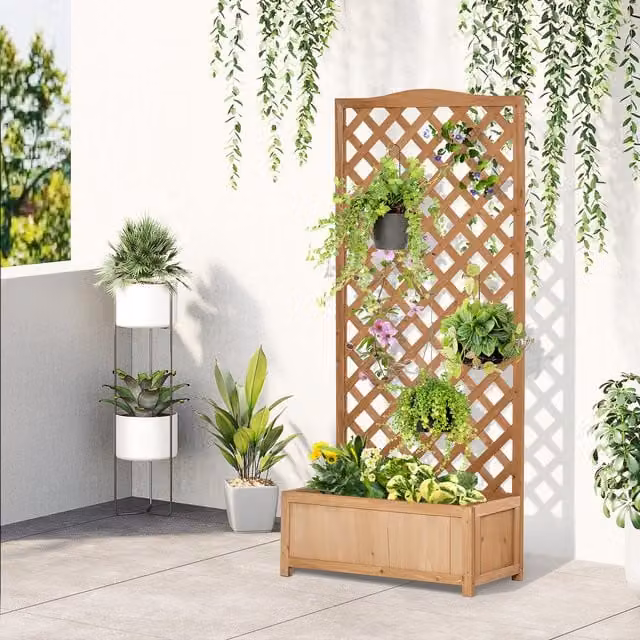 Outsunny Brown Wooden Garden Planter Box with Trellis for Ornamental and Herb Gardens