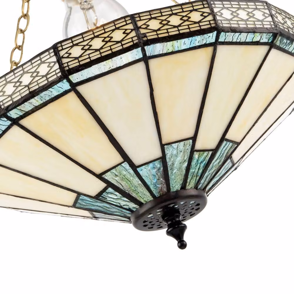Happy Homewares 1920s Vintage Tiffany Pendant Light Shade in Emerald Green, Gold and Multicolour Glass and Metal – 2