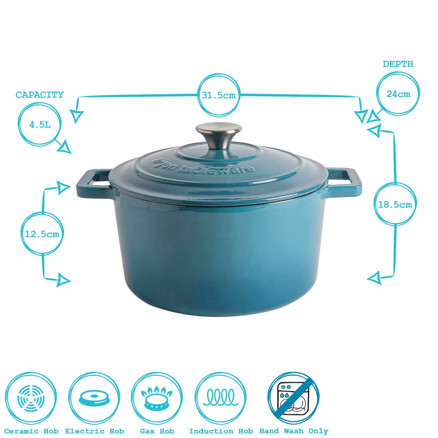 Argon Tableware 2x Round Cast Iron Casserole Dishes with Self-Basting Lids, 4.5L, Teal – 6