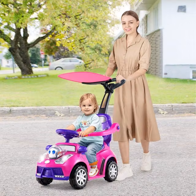 Costway 3 in 1 Pink Toddler Ride On Push Car with Light and Sound and Battery Motor