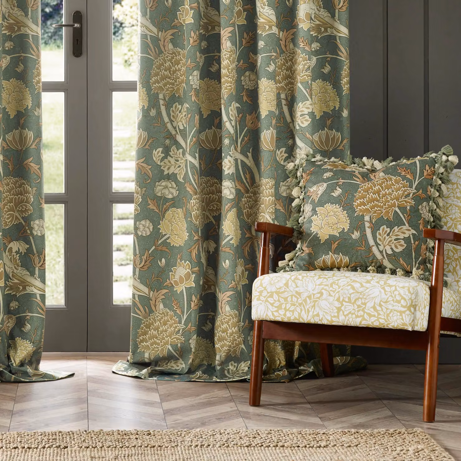 Morris & Co Cray Floral Velvet Pencil Pleat Curtains in Green, Width: 168 cm, Drop: 183 cm – 3