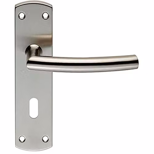 Loops Curved Bar Lever Door Handle on Lock Backplate in Brushed Silver Stainless Steel, 172 x 44 mm