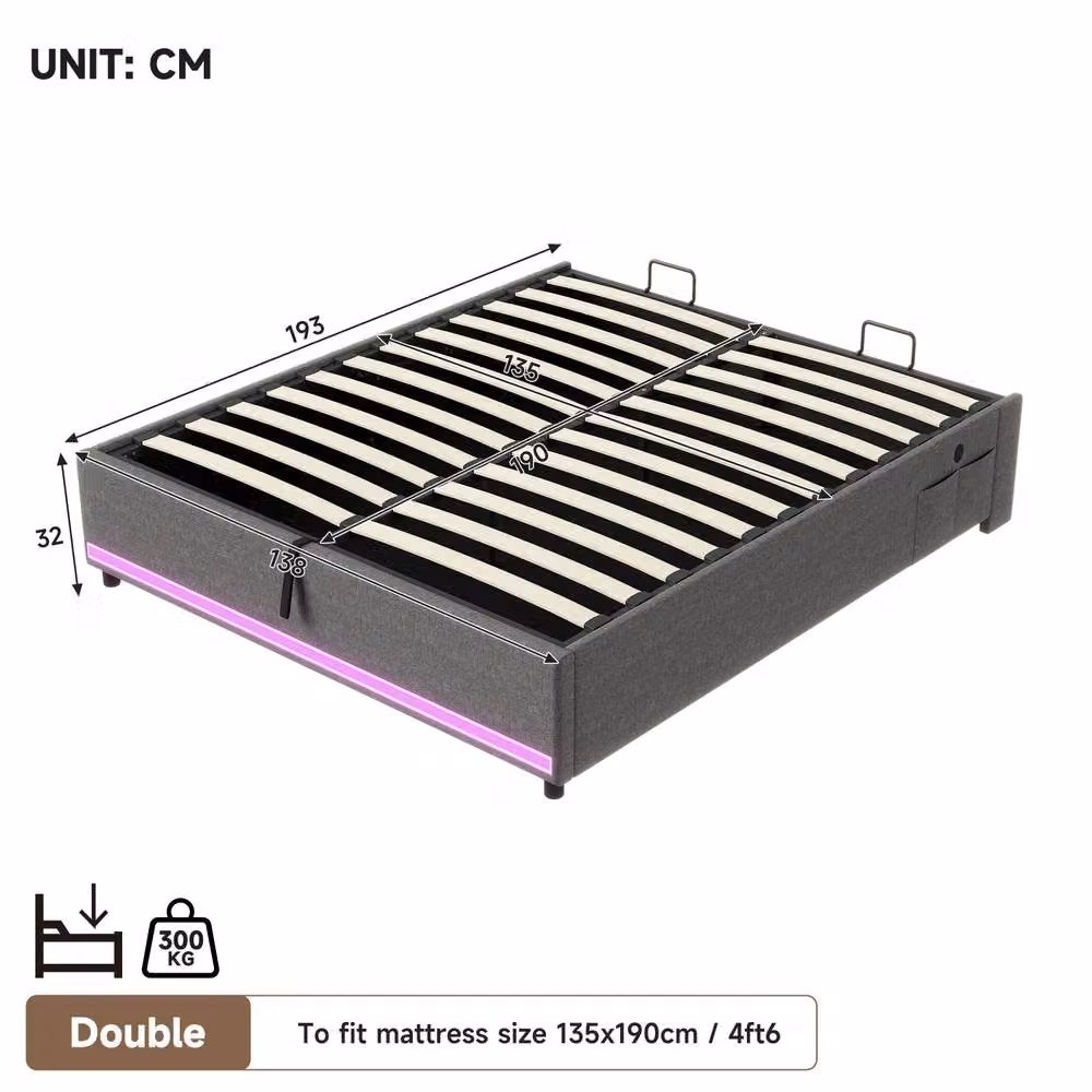 BTM Grey Upholstered Hydraulic Storage Bed with APP Control LED Lighting and USB Charging Station, W/D/H: 180 x 200 x 32 cm – 6