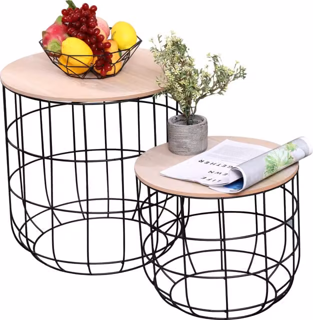 HMD Furniture Set of 2 Industrial Metal Wire Side Tables in Black