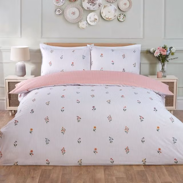Divante Posie Reversible Floral Duvet Cover Set in Pink and White, W/H: 180 x 200 cm