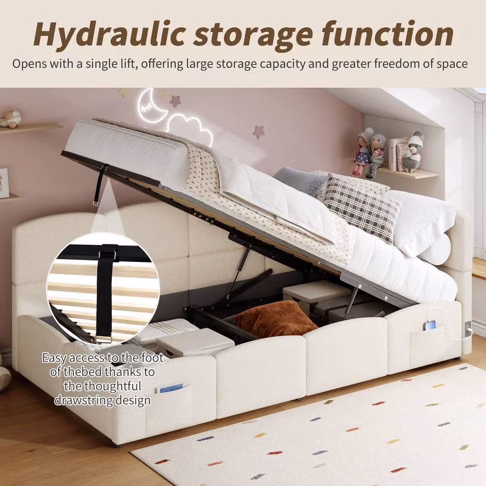ModernLuxe Boucle Single Sofa Bed with Hydraulic Storage and L-Shaped Headboard in Beige – 4