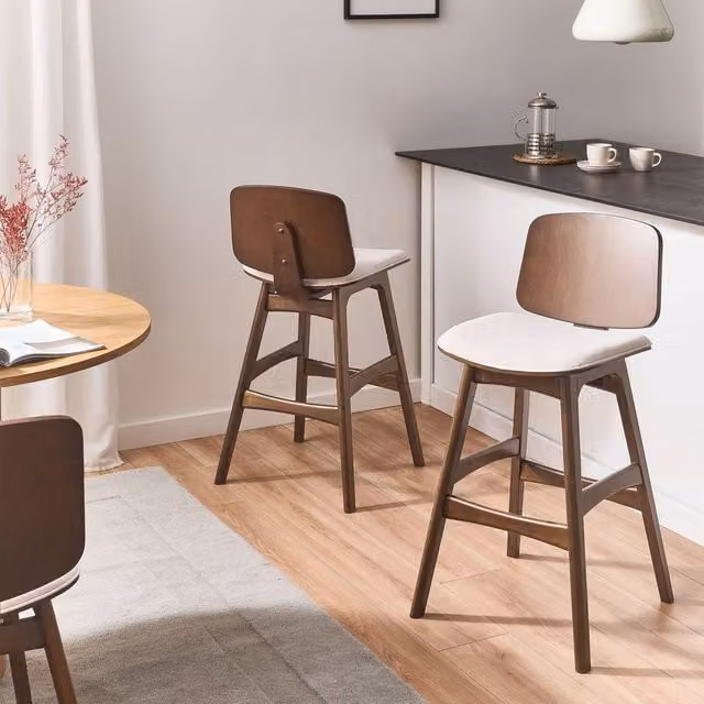 Wyld and Coco Set of 2 Armless Barstools in Light Beige Fabric with Brown Rubberwood Frame