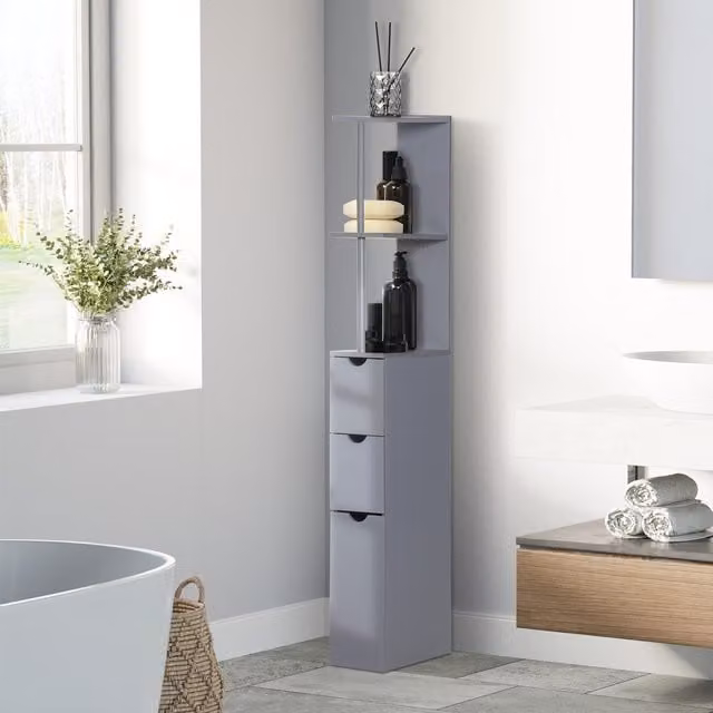 HOMCOM Tall Grey Bathroom Storage Cabinet with Internal Drawers and Shelves