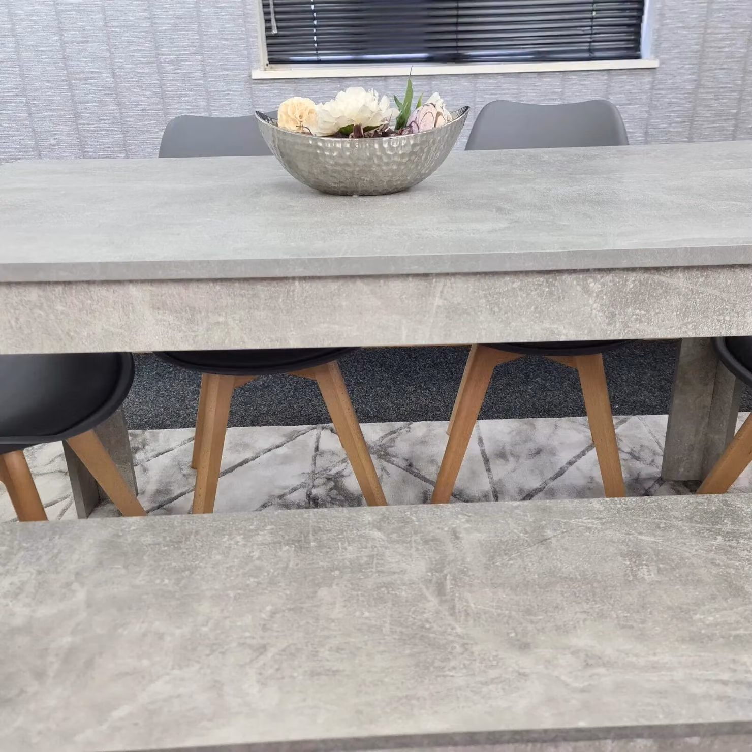 KOSY KOALA Modern Dining Set with Rectangular Stone Grey Effect Wood Table, Bench and 4 Grey Plastic Chairs, Brown – 2
