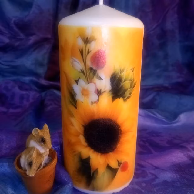 Viki Sunflower Pillar Candle, White and Multicolour, Set of 3