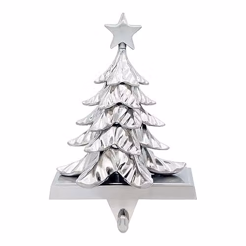 The Christmas Workshop Antique Finish Silver Christmas Tree Stocking Holder with Metal Hook and Weighted Base