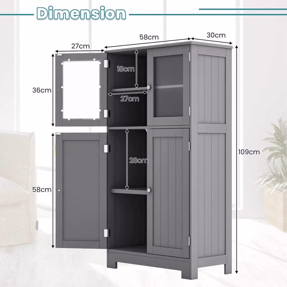 Kelvenix 4-Door Freestanding Bathroom Storage Cabinet in Grey with Glass Doors – 2
