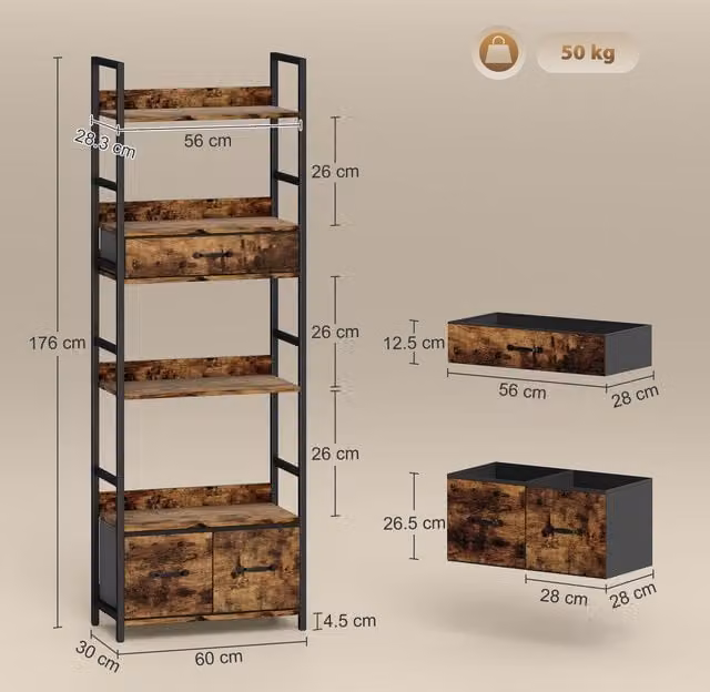 HOMCOM Industrial Bookcase with Fabric Drawers and Shelves, Rustic Brown and Black
