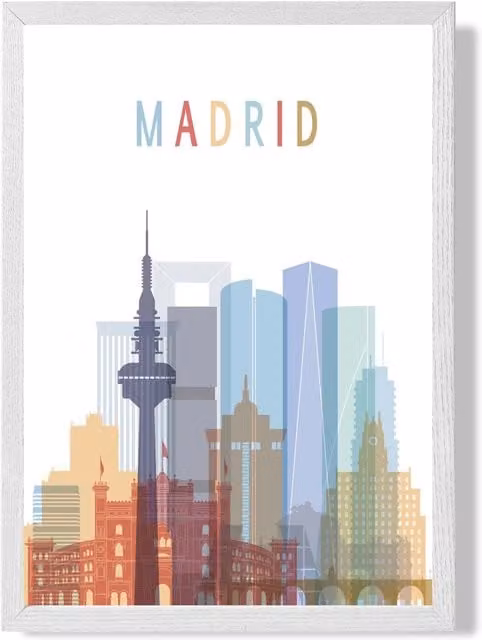 ARTZE Madrid Colourful City Skyline Framed Print in Pale Blue with White Frame, A3