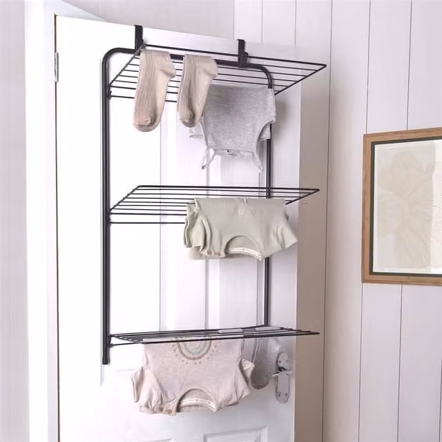 OHS Black Foldable 3 Tier Over Door Hanging Metal Drying Rack