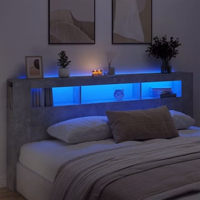 Berkfield Home Modern LED Headboard in Concrete Grey with Integrated Shelf and USB Charging Port, W/D/H: 220 x 18.5 x 103.5 cm