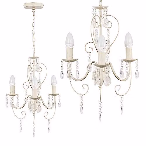ValueLights Lille 3 Way White and Beige Classic Ceiling Light Chandelier with Acrylic Jewels and LED Bulb