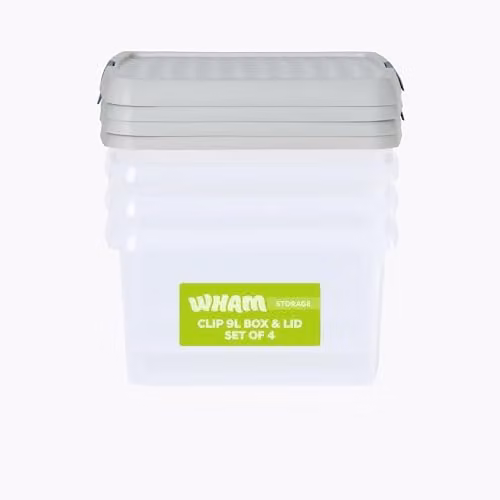Wham 4 x 9L Square Stackable Plastic Storage Boxes with Lids, Transparent/Beige