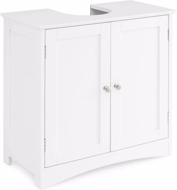 VOGREX White Lacquered Freestanding Under Sink Bathroom Cabinet with Hinged Doors and Internal Shelves