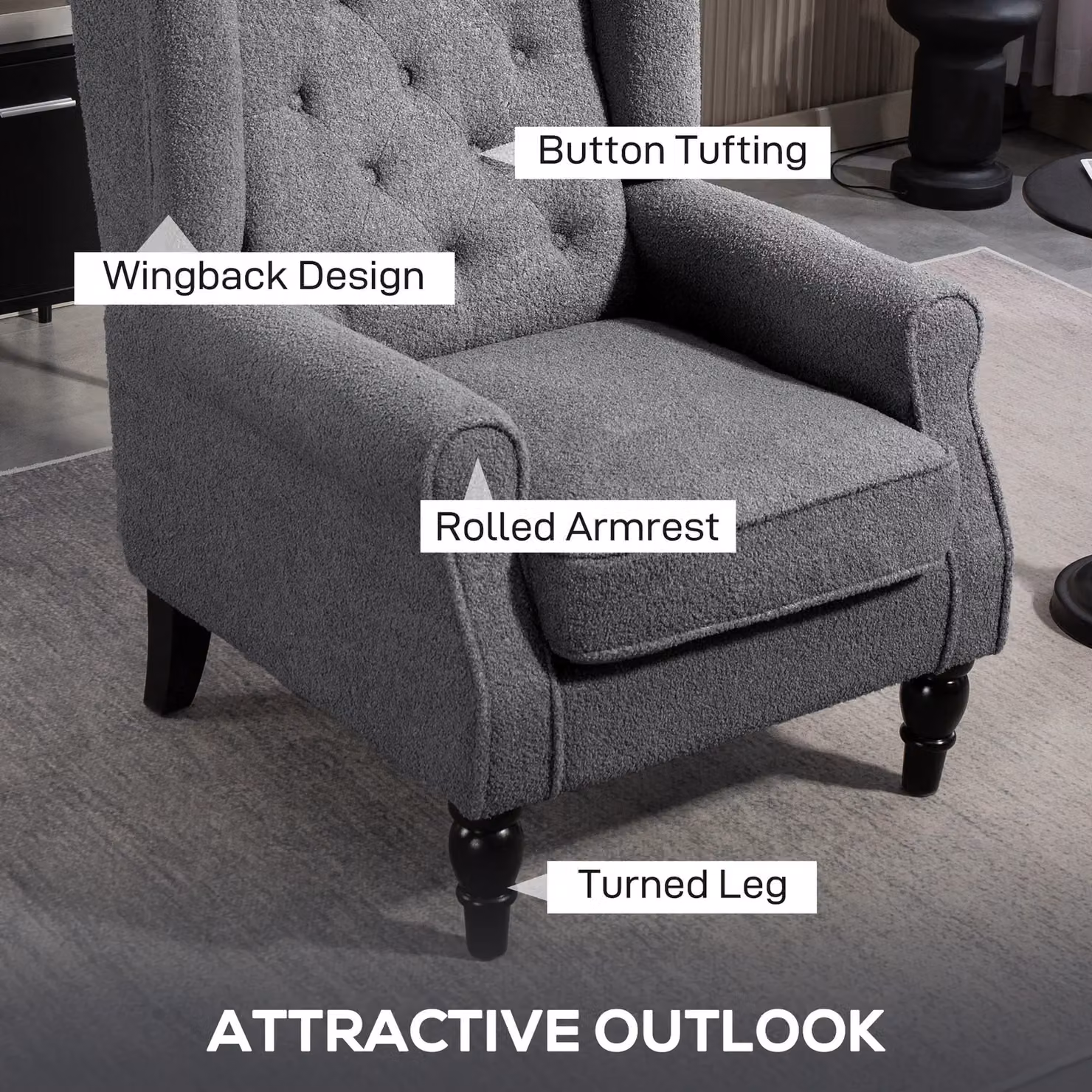 HOMCOM Retro Fabric Accent Armchair with Solid Wood Frame in Grey – 3