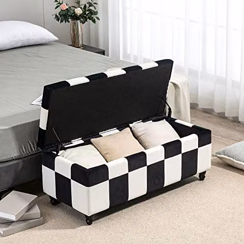 HOMCOM Velvet Storage Ottoman in White and Black, Button-Tufted Padded Footstool with Rubberwood Frame, W/D/H: 114 x 47 x 47 cm – 7