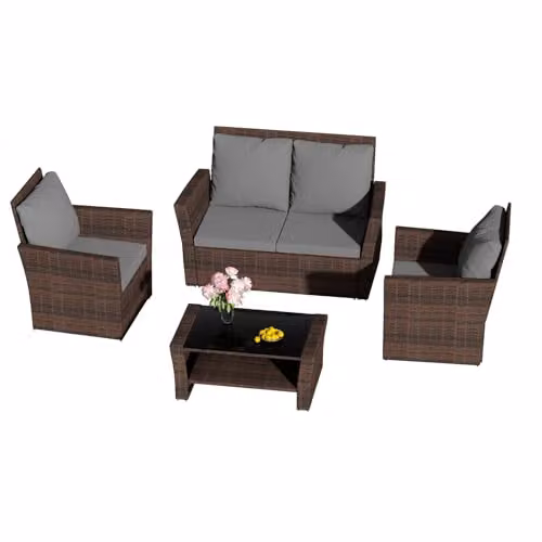 Birchtree 4 Seater Rattan Garden Furniture Set with Cushions and Coffee Table in Brown – 3