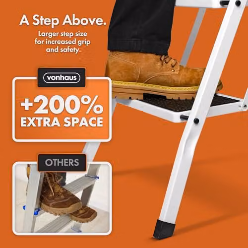 VonHaus 2 Step Steel Folding Step Ladder with Handle and Anti-Slip Rubber Feet, White – 6
