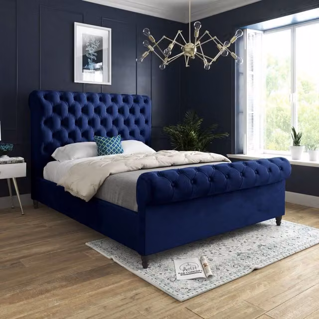 KDMD Sienna Sleigh Upholstered Soft Velvet Blue Bed Frame, Size: Single (90 x 200 cm)