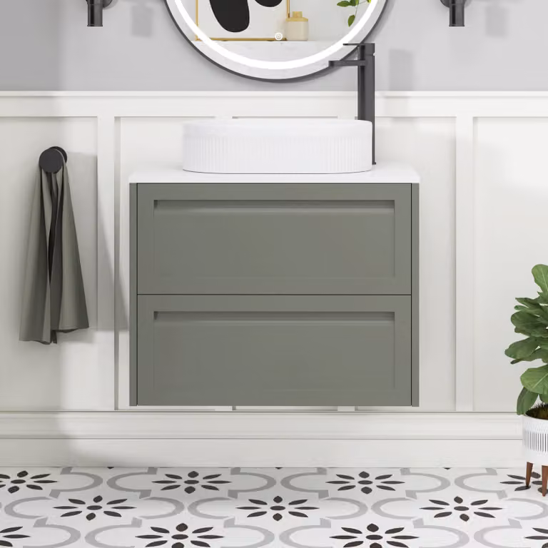 Royal Bathrooms Elmore Matt Green 2 Drawer Wall Hung Vanity Unit with Plain White Worktop