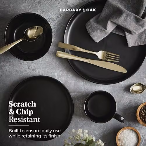 Barbary & Oak Cascade 16 Piece Stoneware Dinner Set in Black, Microwave and Dishwasher Safe – 6